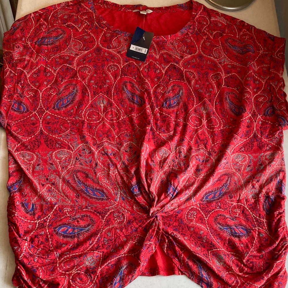 Lucky Brand Red Paisley Twist-Front Short Sleeve Top